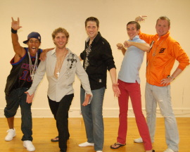 Tom Taylor (Juan), Nolan Petersen (Mark), Chris Page (Luke), Tom Hales (Matthew), and Adam Page (Abraham) in Altar Boyz